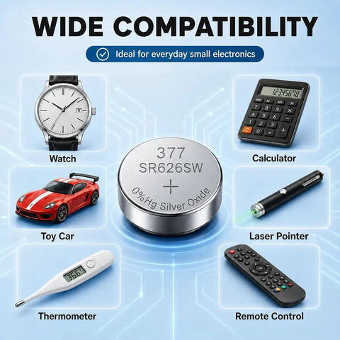 10 Pack Sr626sw And 377 Watch Batteries 1.55V Silver Oxide Button Cells shown with compatible devices like a watch, calculator, and toy car.