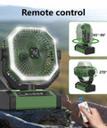 24000mAh Portable Fan With Light And Remote on rocky outdoor background showing 45-270 degree rotation and remote control