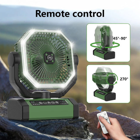 24000mAh Portable Fan With Light And Remote on rocky outdoor background showing 45-270 degree rotation and remote control