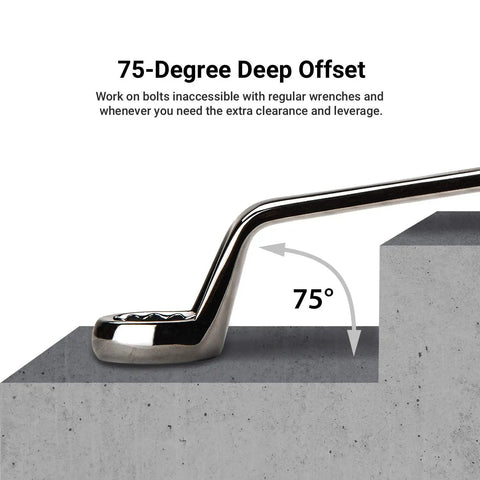 75-Degree Deep Offset Double Box End Wrench Set, SAE 1/4 To 1 In, illustrating 75-degree angle clearance on a step
