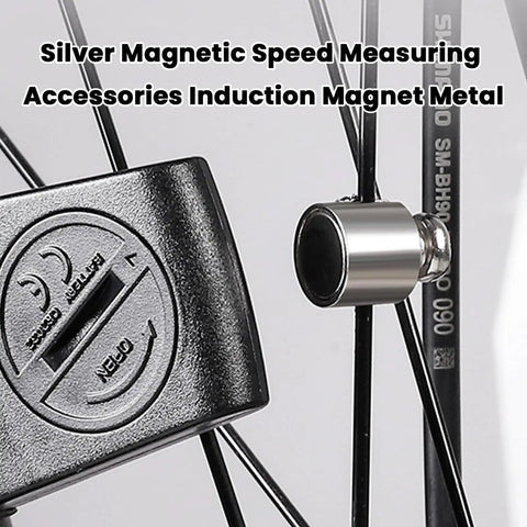 2 Pack Universal Bike Speedometer Magnet Set For Bicycle Computers attached to wheel spoke, silver color, close-up view.