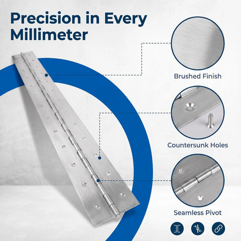 Detailed view of Two Pack 48 Inch Stainless Steel Piano Hinge showcasing brushed finish, countersunk holes, and seamless pivot.