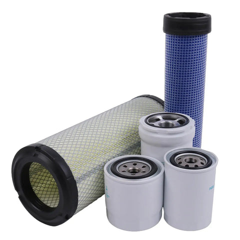 Maintenance Filter Kit For Kubota SVL75 And SVL75-2 HST Loaders SN 26157 And Below With Oil Filter, Hydraulic Filter, Fuel Filter, Outer Air Filter And Inner Air Filter on a white background