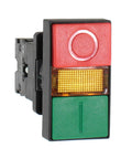Double Head Push Button With Signal Lamp for On Off Start Stop Control in industrial equipment and panel mounts. Front view.