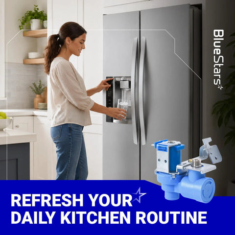 Woman using refrigerator water dispenser with MJX41178908 Refrigerator Water Inlet Valve Replacement Fits LG And Kenmore