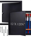 Heavy Duty Aluminum Access Panel For Drywall With Hinged Black Finish 12 By 12 Inch opened to reveal plumbing access inside.