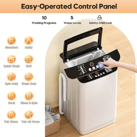 Compact Portable Washer And Dryer Combo Featuring Heated Boot Dryer Fully Automatic 28 Pound Washing Machine control panel with settings.