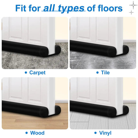 32 Inch Door Draft Stopper Foam Blocker For Interior Doors Black Door Sweep shown with carpet, tile, wood, and vinyl floors.