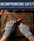 Level 9 Cut Resistant HPPE Kitchen Gloves Pro Grade Heavy Duty Food Safe shown slicing a carrot on a cutting board.