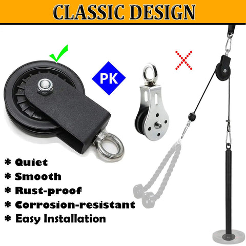 Silent Cable Pulley System With Detachable Rotation Wheel LAT Traction Block For DIY Home Lifts, Clothesline And Shop Hoists, Heavy Duty Bearings, Easy Install 3.54 Inch Wheel, black metal