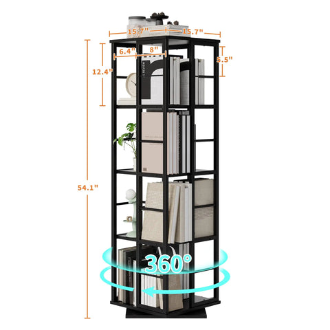 4 Tier 360 Degree Rotating Corner Bookshelf With Industrial Metal Frame And Spinning Storage Shelf Tall 54 Inch Tower