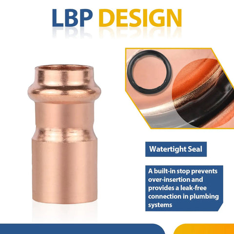 Top Shelf 100 Pack Lead Free Copper Press Fittings 1 Inch By 3/4 Inch Reducing Coupler with watertight seal for plumbing use.