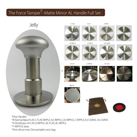 Top Shelf 58.5mm Espresso Tamper Kit Featuring Matte Aluminum Jellyfish Handle And Food Grade Stainless Steel Base with various disc patterns.