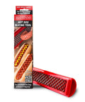 Crosshatch Hot Dog Slicer Tool With Stainless Steel Blades 10 Inch Red Cutter For Kitchen And Grilling Tailgating Camping And Backyard BBQ Creates Juicy Diamonds And Deep Flavor Penetration next to packaging