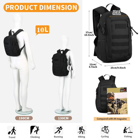 10L Tactical Backpack Small Daypack With MOLLE Rucksack Gear For Hunting Camping, shown on mannequin with dimensions
