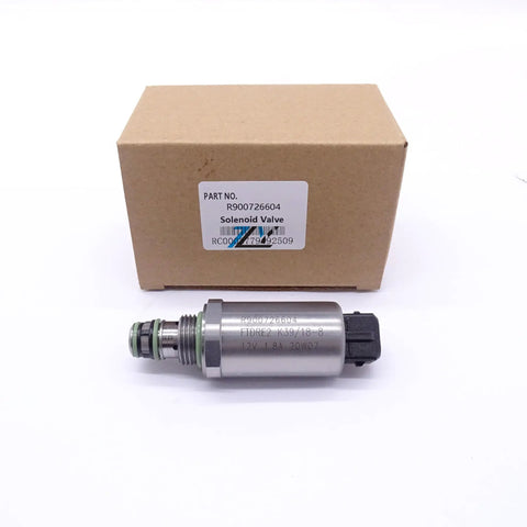 Proportional Pressure Reducing Valve R900726604 12V 1.8A 20W Solenoid Valve next to packaging box, visible part labeling.