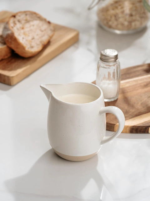 13oz Creamer With Handle Ceramic Pitcher For Coffee, Milk, Syrup And Sauce, Multipurpose Stoneware Jug, white pitcher on table