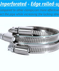 Two stainless steel worm-gear hose clamps, adjustable 5/9 to 1-1/10 in, for fuel injection gas line fittings.