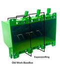 Old Work BaseBox Expandable Double Gang PVC Electrical Box With 8 Knockouts And 4 Wings, 32 Cu In Capacity, front view