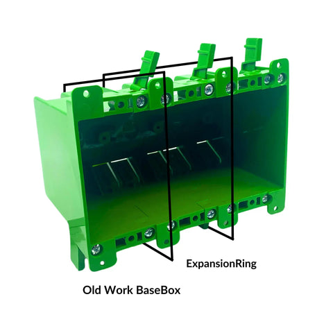 Old Work BaseBox Expandable Double Gang PVC Electrical Box With 8 Knockouts And 4 Wings, 32 Cu In Capacity, front view