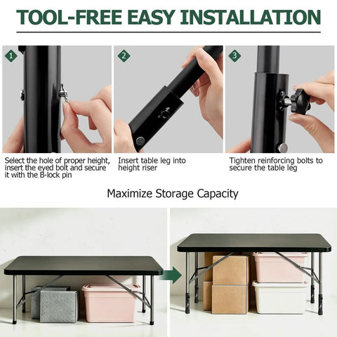 Tool-free installation process for Heavy Duty 4 Piece Foldable Table Leg Extenders Adjustable Height Riser Kit with storage options.