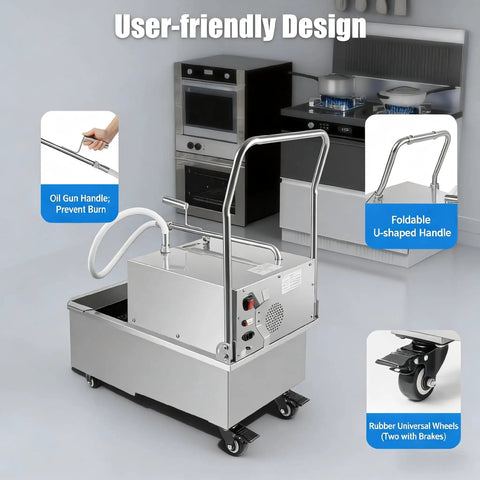 Straight Heavy Duty Commercial Mobile Fryer Filter Machine With 14 Gallon Tank And Smooth 550 Watt Pump For No Sweat Restaurant Oil Cleanup System showing user-friendly design with foldable handle.