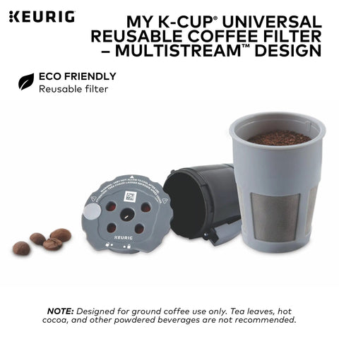 My K Cup Reusable Filter With MultiStream Technology For Ground Coffee, Gray cup with lid, compatible with Keurig brewers