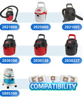 Various models of shop vacs including 2021000, 2025000, 2030100, and 5895100, compatible with Heavy Duty Five Pack Shop Vacuum Bags.
