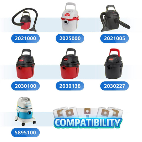 Various models of shop vacs including 2021000, 2025000, 2030100, and 5895100, compatible with Heavy Duty Five Pack Shop Vacuum Bags.