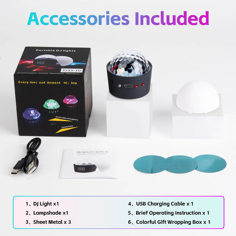 Sound Activated Mini Disco Ball Lights For Cars And Rooms RGB Multicolor DJ Party Lights That Sync To Your Music Beat At 60dB Create Epic Car Interior Or Bedroom Vibe With Colorful Strobe Effects, accessories included such as USB cable and gift box.