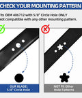 Diagram showing correct 5/8 inch circle hole mounting for Mulching Blade With Five Eighth Inch Circle Mounting Pattern For 21 Inch Deck Push Lawn Mower Replacement Easy Install Durable All Purpose Use Compatible With Craftsman Husqvarna Poulan 532406712 165833 175064 189028 532189028 compared to incorrect star-shaped pattern.