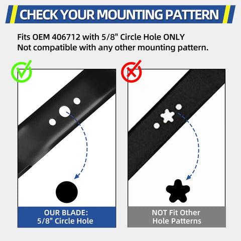 Diagram showing correct 5/8 inch circle hole mounting for Mulching Blade With Five Eighth Inch Circle Mounting Pattern For 21 Inch Deck Push Lawn Mower Replacement Easy Install Durable All Purpose Use Compatible With Craftsman Husqvarna Poulan 532406712 165833 175064 189028 532189028 compared to incorrect star-shaped pattern.