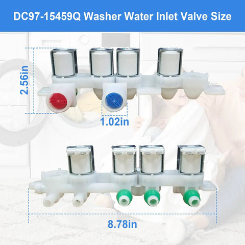 Premium Heavy Duty Washer Water Inlet Valve With Four Precision Solenoid Coils Exact Water Control Rust Resistant ABS and Metal Housing, size 8.78in x 2.56in x 1.02in.