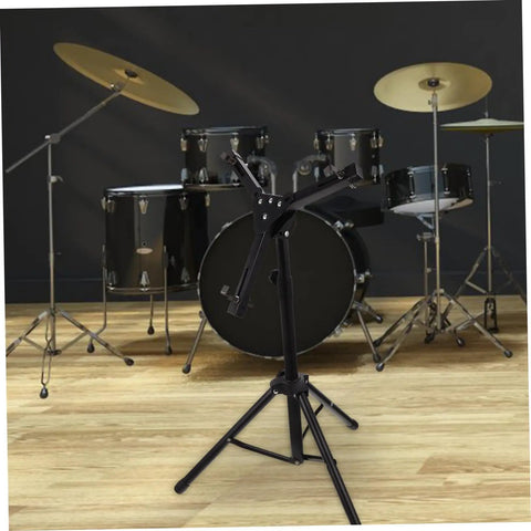 Heavy Duty Folding Drum Rack With Adjustable Alloy Snare Holder Portable Practice Drum Pad Kit For Tour Bound Road Trips And Killer Quick Setup Studio Sessions in studio setting with drums behind.