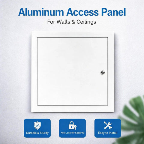 Top Shelf Locking Aluminum Drywall Access Panel With Rock Solid Galvanized Steel Frame And Snug Key Lock Cover For Safe Electrical Plumbing Hvac Maintenance In Homes Or Job Sites, white panel for walls and ceilings.