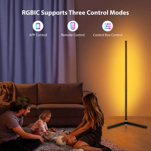 Family enjoying living room ambiance with RGB Corner Floor Lamp With Bluetooth App Control And Remote Music Sync LED Mood Lighting