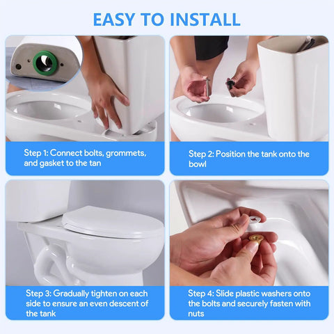 Tank To Bowl Gasket Kit For Champion 4 Toilet Repair Heavy Duty Seal To Stop Leaks Easy Install Replacement For AS738756-0070A Toilet Tank Gasket Ring For Worn Cracked Or Aging Couplings. Installation steps for toilet tank gasket kit with bolts, washers, and seal.