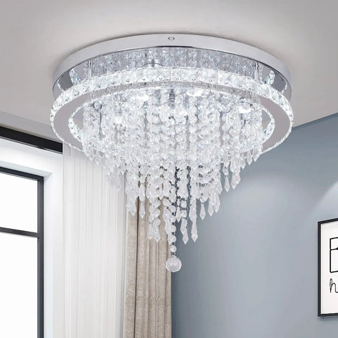 Crystal Chandelier LED Ceiling Light 19.6 Inch Flush Mount Fixture with sparkling crystals in a modern room setting