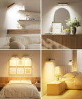 Solid Upgrade Set Of Two Rechargeable Walnut Wood Wall Sconces With Magnetic Mount And Remote Control Featuring 15 Rgb Colors 360 Degree Rotate Dimmable Led Bedside Lamps That Hits Different For Bedroom Decor And Living Room Vibes in bedroom and living room settings.