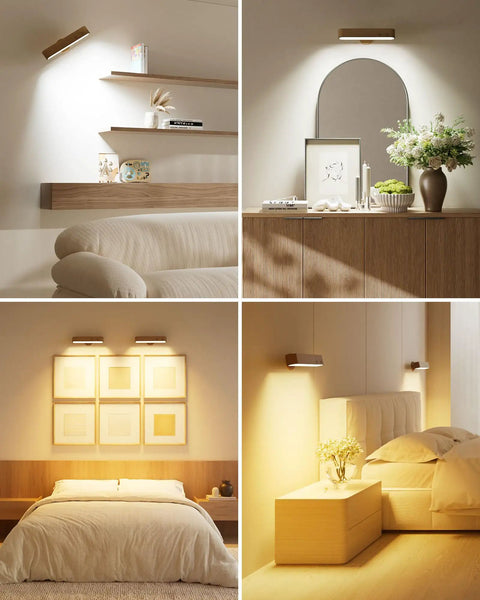 Solid Upgrade Set Of Two Rechargeable Walnut Wood Wall Sconces With Magnetic Mount And Remote Control Featuring 15 Rgb Colors 360 Degree Rotate Dimmable Led Bedside Lamps That Hits Different For Bedroom Decor And Living Room Vibes in bedroom and living room settings.