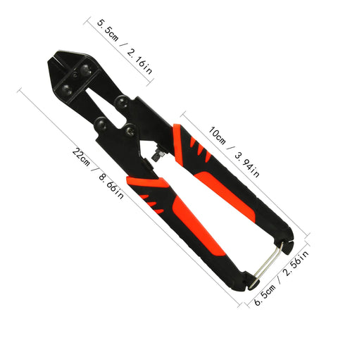 Heavy Duty Mini Bolt Cutter With Grippy Soft Anti Slip Handle Cuts Through Wires And Cables Up To Two Point Five Millimeters side view with measurements