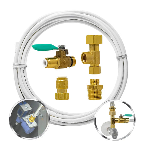 Ice Maker Water Line Kit With 25 Foot Tubing, Solid Brass Stop Tee And Valve, One Quarter Inch Fittings, DIY Friendly Quick Install