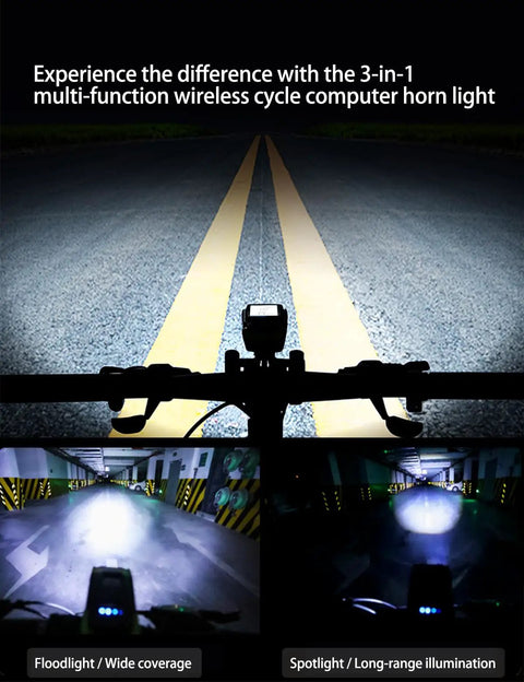 All In One Wireless Bike Computer With Ultra Bright 800 Lumen Front Light And Horn Three Sound Modes on bike handlebar