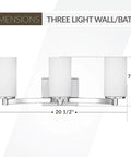 Three Light Chrome Bath Vanity Light With Etched White Glass, Energy Star LED Fixture, dimensions shown.