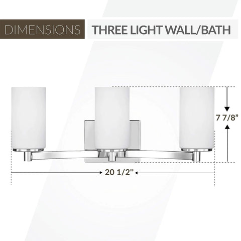 Three Light Chrome Bath Vanity Light With Etched White Glass, Energy Star LED Fixture, dimensions shown.