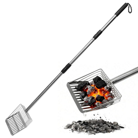Heavy Duty Fireplace Ash Shovel With Adjustable Three Section Handle For Easy Sifting In Fire Pit Or Wood Stove Stay Cool While You Clean Heat Resistant Metal Coal Shovel With Detachable Pro Grade Handle In 20.7 Inch Or 31.3 Inch Or 43 Inch Length, showing shovel with burning coals and ashes.