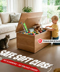 Child playing with toy box featuring Two Pack Slow Close Hinges for Toy Box and Chest, 15 Inch 100N Gas Springs for Heavy Lids