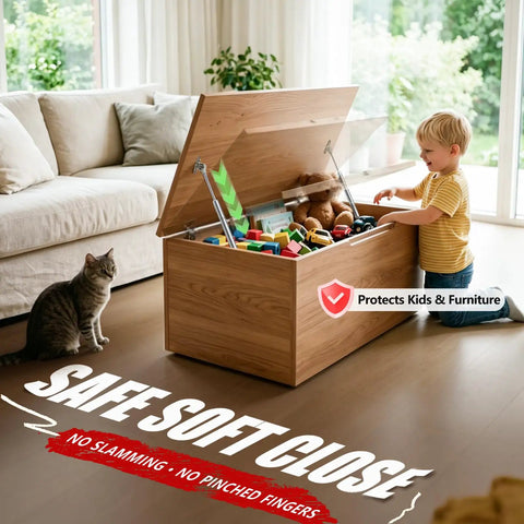Two Pack Slow Close Toy Box Hinges With 15 Inch 150N Gas Springs For Heavy Lids in action on wooden toy chest