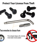 Anti Theft Stainless Steel License Plate Screws Set With Matte Caps And Locking Bolts For Front And Rear Car Tag Mounts Rustproof 304 Stainless M6 One Quarter Inch Includes Nuts Inserts And Rattle Proof Pads displayed with wrenches and bolts