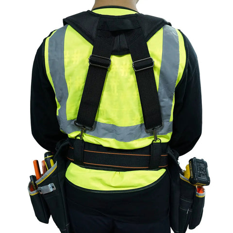 Back view of heavy duty tool belt suspenders with padded straps for all day comfort and back support, worn over a construction vest.